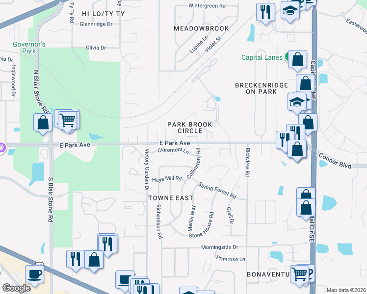map of restaurants, bars, coffee shops, grocery stores, and more near 2308 Claremont Lane in Tallahassee