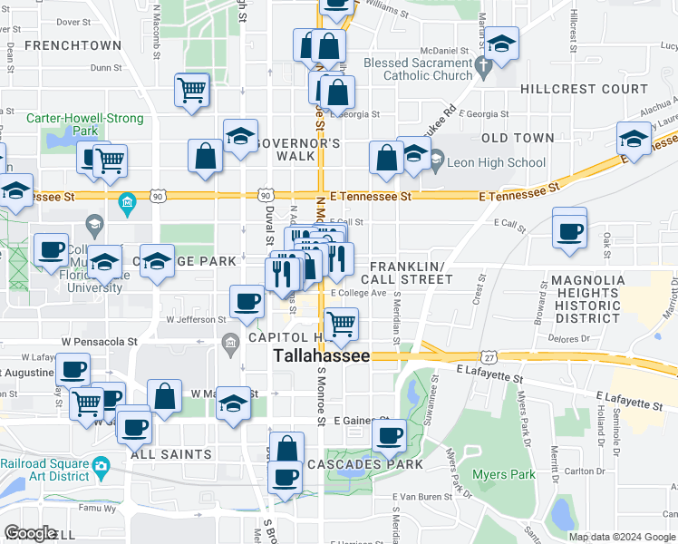map of restaurants, bars, coffee shops, grocery stores, and more near 209 East Park Avenue in Tallahassee