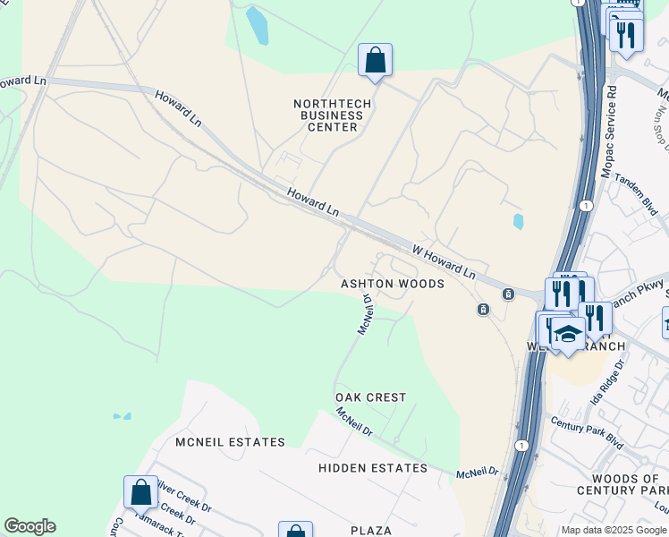 map of restaurants, bars, coffee shops, grocery stores, and more near 13701 McNeil Merriltown Road in Austin