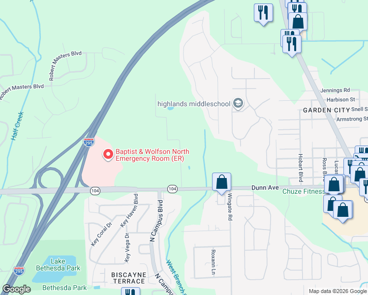 map of restaurants, bars, coffee shops, grocery stores, and more near 11327 Wingate Road North in Jacksonville