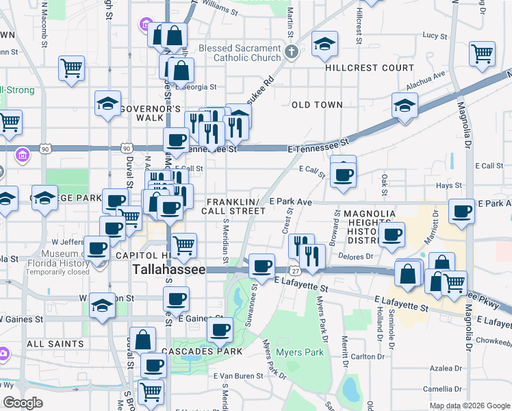 map of restaurants, bars, coffee shops, grocery stores, and more near 630 East College Avenue in Tallahassee