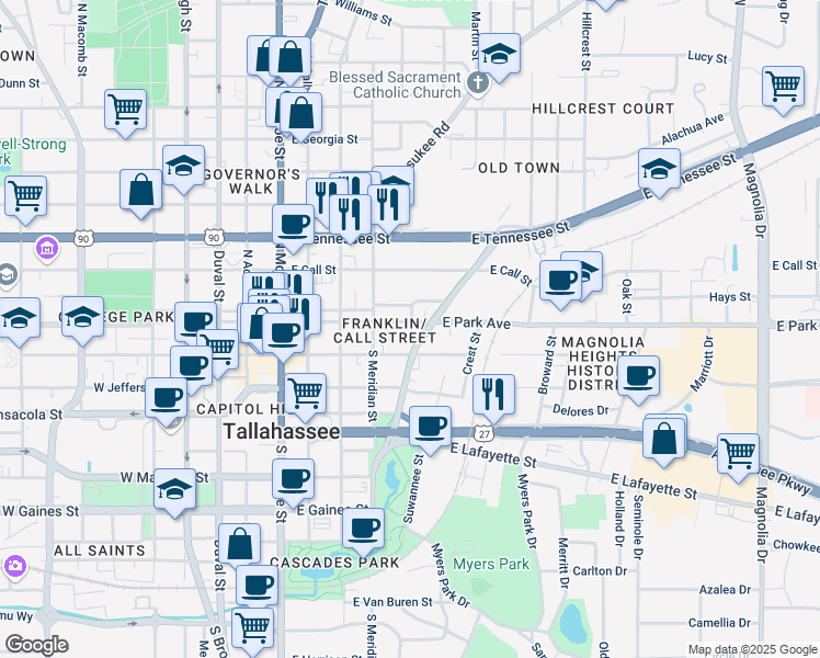 map of restaurants, bars, coffee shops, grocery stores, and more near 534 East College Avenue in Tallahassee