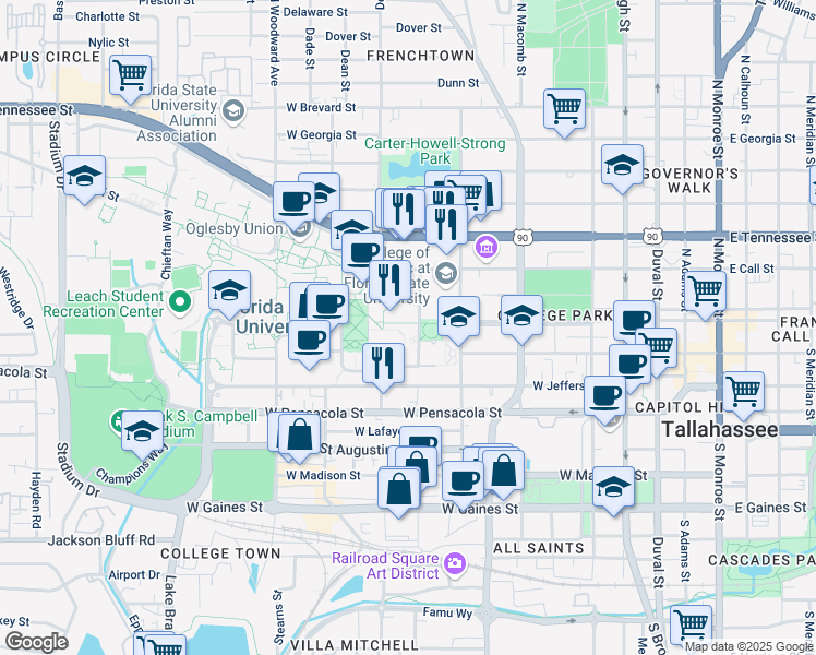 map of restaurants, bars, coffee shops, grocery stores, and more near 182 Convocation Way in Tallahassee