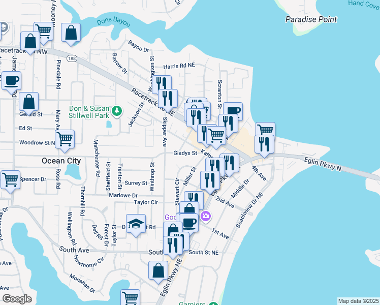 map of restaurants, bars, coffee shops, grocery stores, and more near 50 Stewart Circle in Fort Walton Beach