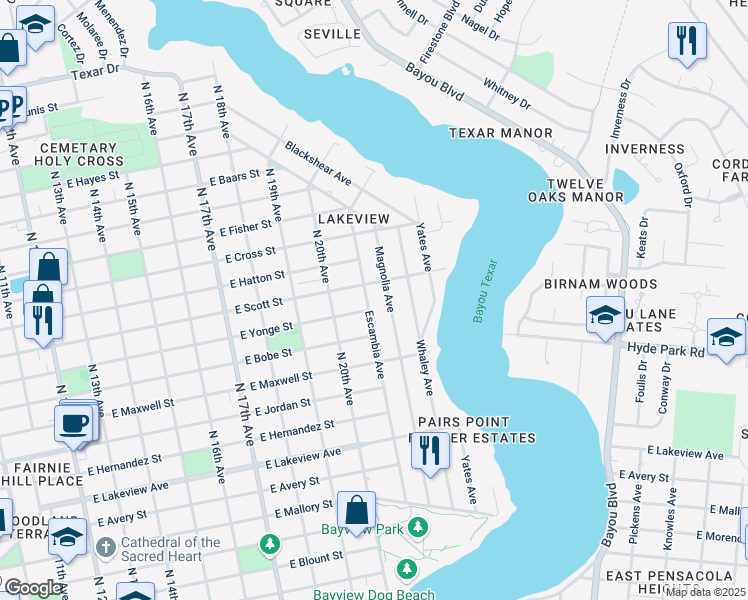 map of restaurants, bars, coffee shops, grocery stores, and more near 2311 Magnolia Avenue in Pensacola