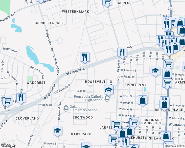 map of restaurants, bars, coffee shops, grocery stores, and more near 2923 Mission Road in Pensacola