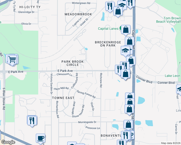map of restaurants, bars, coffee shops, grocery stores, and more near 124 Meeting Street Drive in Tallahassee
