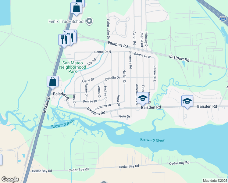 map of restaurants, bars, coffee shops, grocery stores, and more near 11223 Vera Drive in Jacksonville