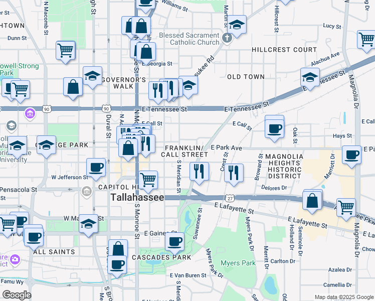 map of restaurants, bars, coffee shops, grocery stores, and more near 519 East Park Avenue in Tallahassee