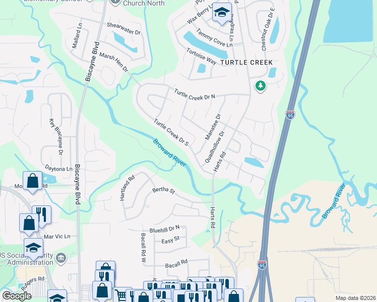 map of restaurants, bars, coffee shops, grocery stores, and more near 934 Turtle Creek Drive South in Jacksonville