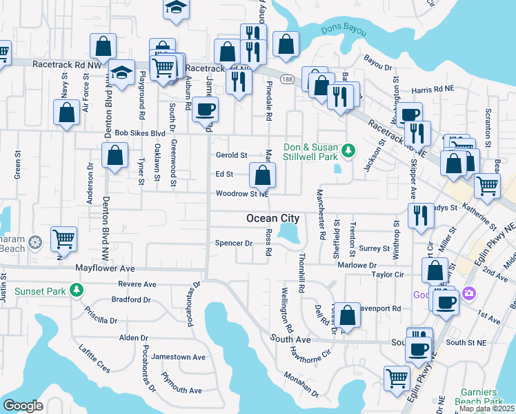 map of restaurants, bars, coffee shops, grocery stores, and more near 224 Newcastle Drive in Fort Walton Beach