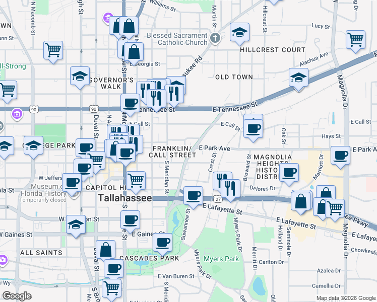 map of restaurants, bars, coffee shops, grocery stores, and more near 630 East College Avenue in Tallahassee