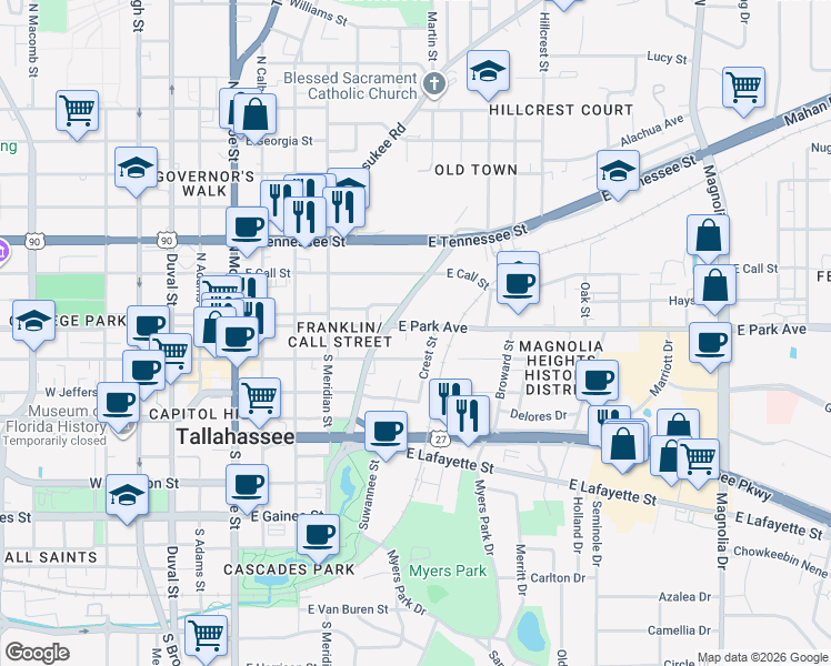 map of restaurants, bars, coffee shops, grocery stores, and more near 629 East Park Avenue in Tallahassee