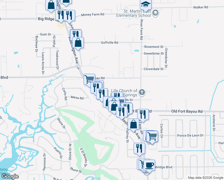 map of restaurants, bars, coffee shops, grocery stores, and more near 6813 Josie Street in Ocean Springs