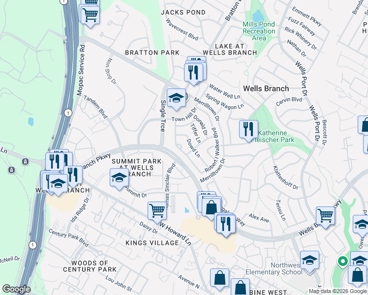 map of restaurants, bars, coffee shops, grocery stores, and more near 14436 Robert I Walker Boulevard in Austin
