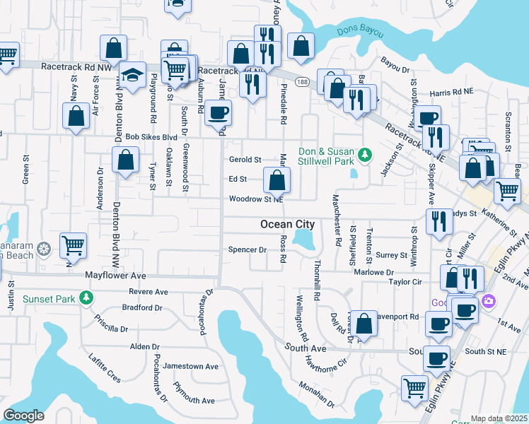 map of restaurants, bars, coffee shops, grocery stores, and more near 225 Newcastle Drive in Fort Walton Beach
