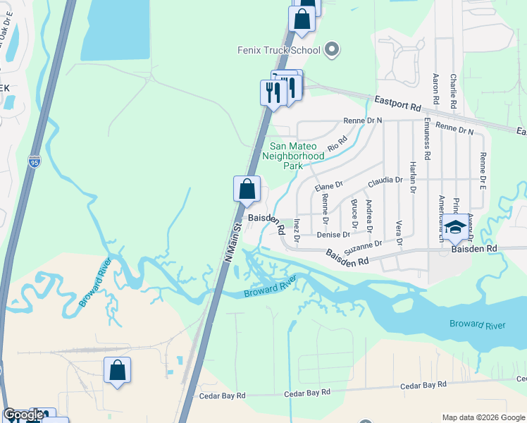 map of restaurants, bars, coffee shops, grocery stores, and more near 57 Baisden Road in Jacksonville