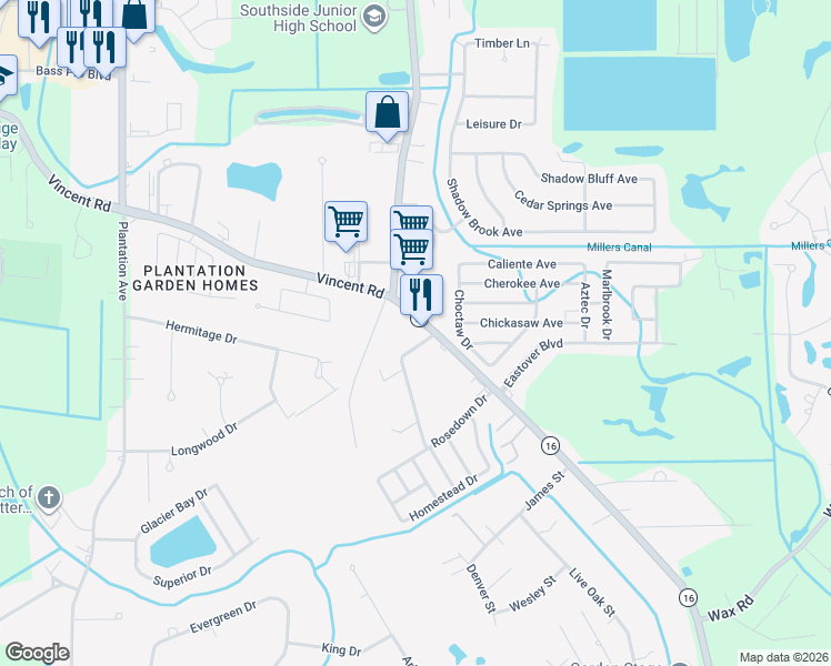 map of restaurants, bars, coffee shops, grocery stores, and more near 25778 Gill Road in Denham Springs