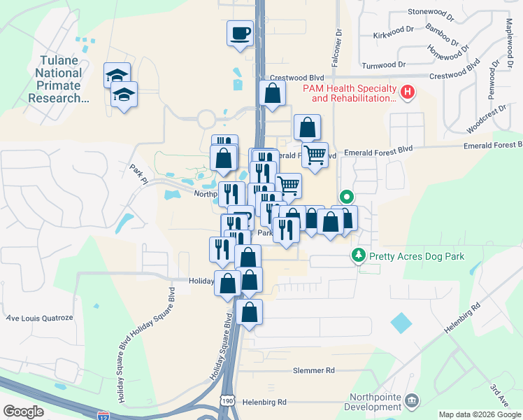 map of restaurants, bars, coffee shops, grocery stores, and more near 70 Park Place Drive in Covington