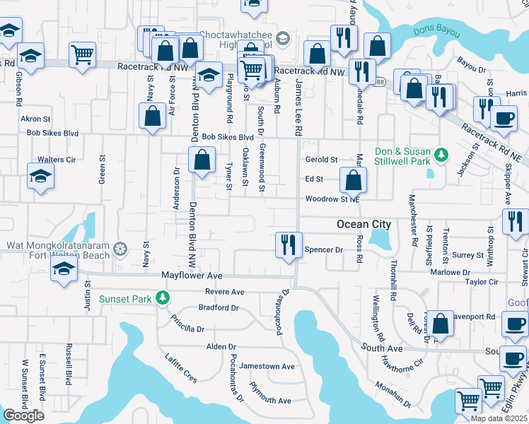 map of restaurants, bars, coffee shops, grocery stores, and more near 20 Falcon Ridge Lane in Fort Walton Beach
