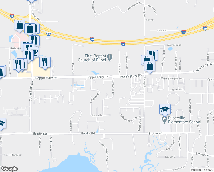 map of restaurants, bars, coffee shops, grocery stores, and more near 1579 Applewood Court in Biloxi