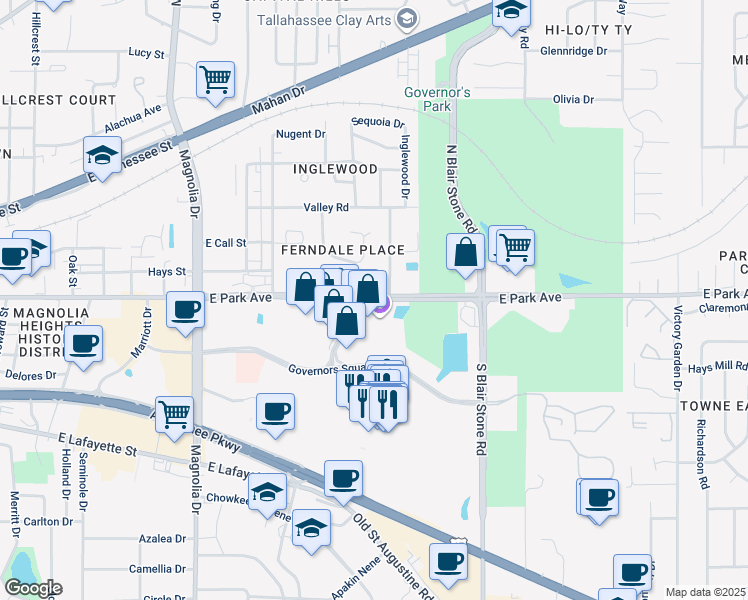 map of restaurants, bars, coffee shops, grocery stores, and more near East Park Avenue in Tallahassee