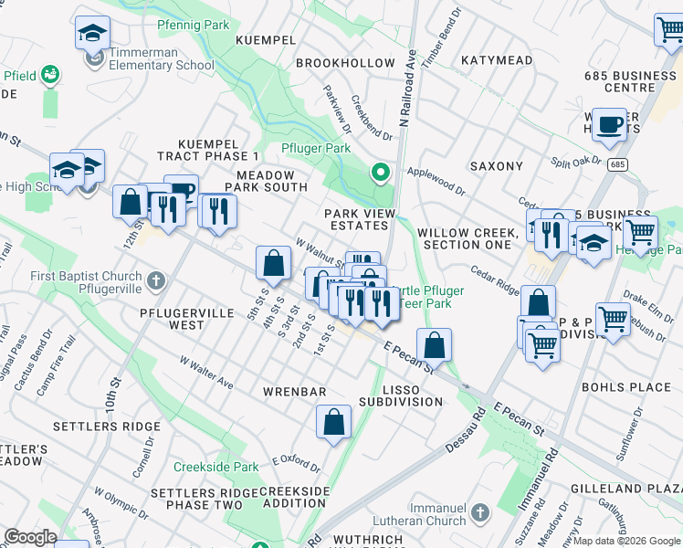 map of restaurants, bars, coffee shops, grocery stores, and more near 108 East Main Street in Pflugerville