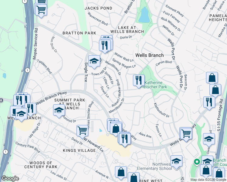 map of restaurants, bars, coffee shops, grocery stores, and more near 2328 Klattenhoff Drive in Austin