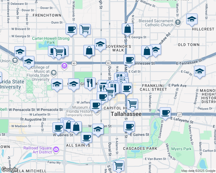 map of restaurants, bars, coffee shops, grocery stores, and more near 200 West College Avenue in Tallahassee