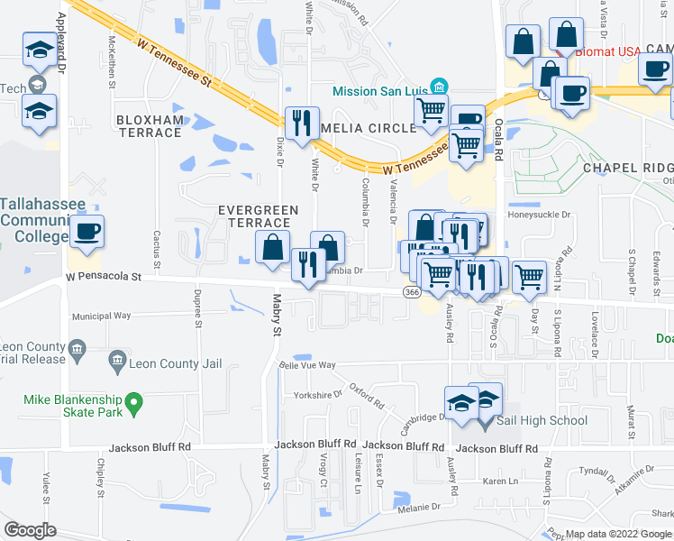map of restaurants, bars, coffee shops, grocery stores, and more near Escambia Drive in Tallahassee