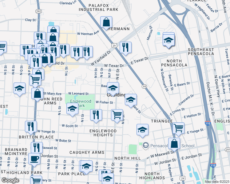 map of restaurants, bars, coffee shops, grocery stores, and more near in Goulding