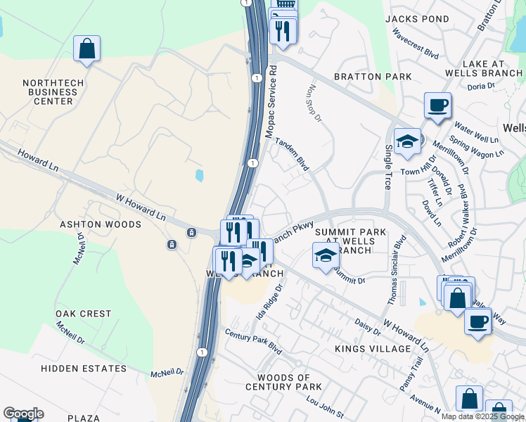 map of restaurants, bars, coffee shops, grocery stores, and more near 3300 Wells Branch Parkway in Austin