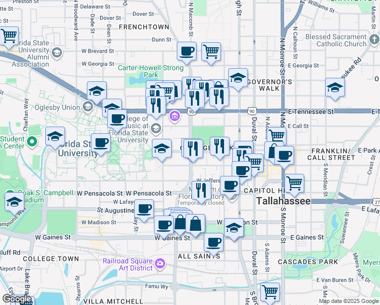 map of restaurants, bars, coffee shops, grocery stores, and more near in Tallahassee