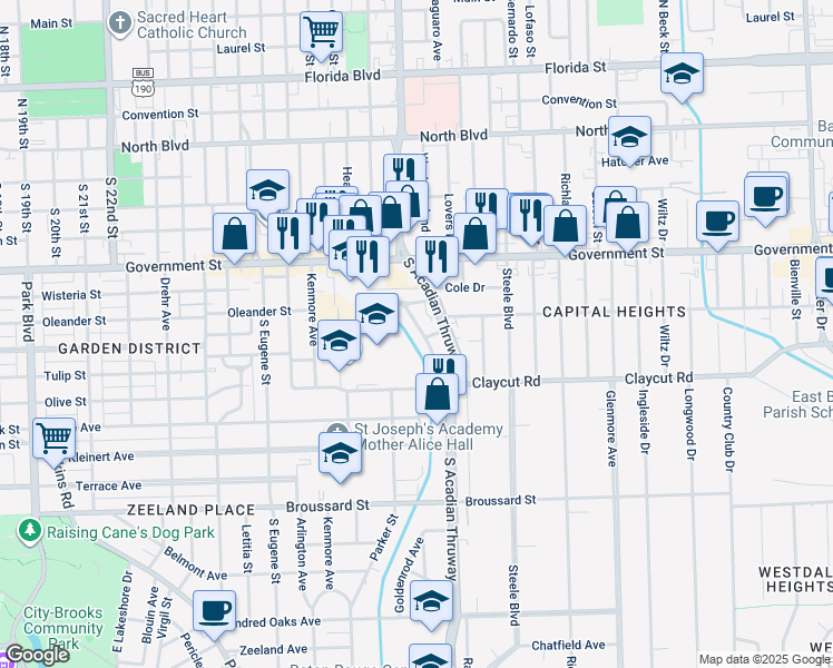 map of restaurants, bars, coffee shops, grocery stores, and more near 672 Carol Marie Drive in Baton Rouge