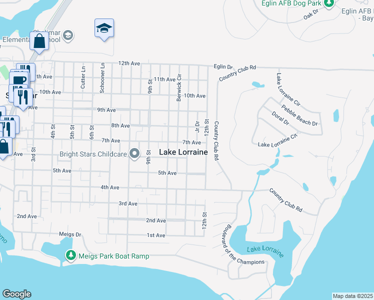 map of restaurants, bars, coffee shops, grocery stores, and more near 40 11th Street in Shalimar