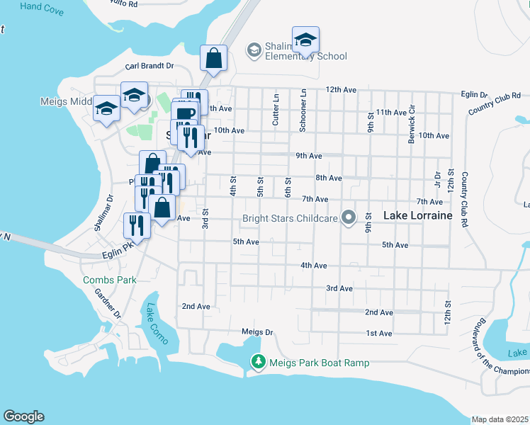 map of restaurants, bars, coffee shops, grocery stores, and more near 46 6th Avenue in Shalimar