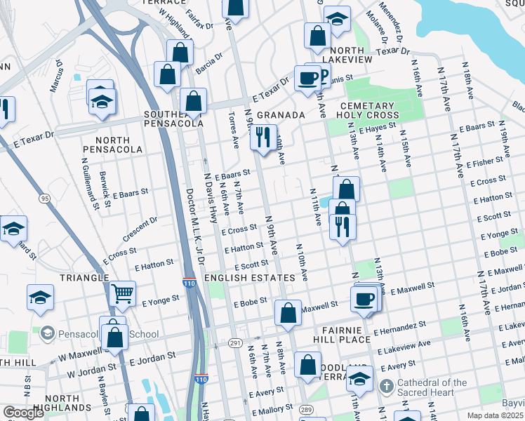 map of restaurants, bars, coffee shops, grocery stores, and more near 840 East Cross Street in Pensacola