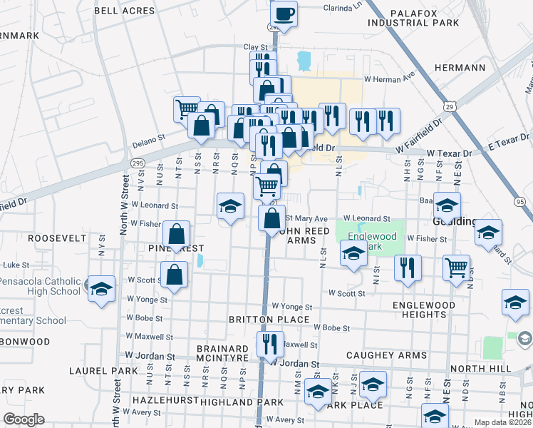 map of restaurants, bars, coffee shops, grocery stores, and more near in Goulding