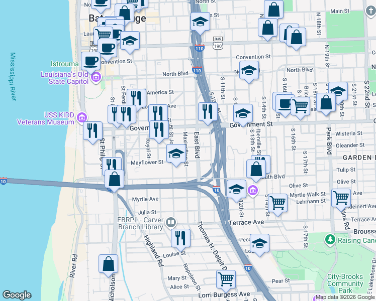map of restaurants, bars, coffee shops, grocery stores, and more near 736 East Boulevard in Baton Rouge