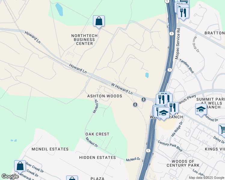 map of restaurants, bars, coffee shops, grocery stores, and more near 4200 Wild Iris Lane in Austin