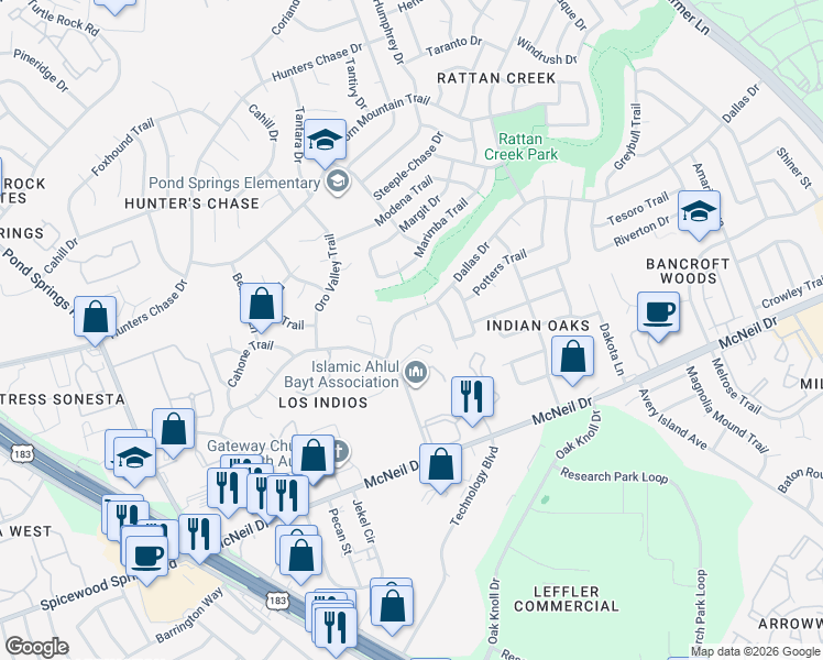 map of restaurants, bars, coffee shops, grocery stores, and more near 7416 Lady Suzannes Court in Austin