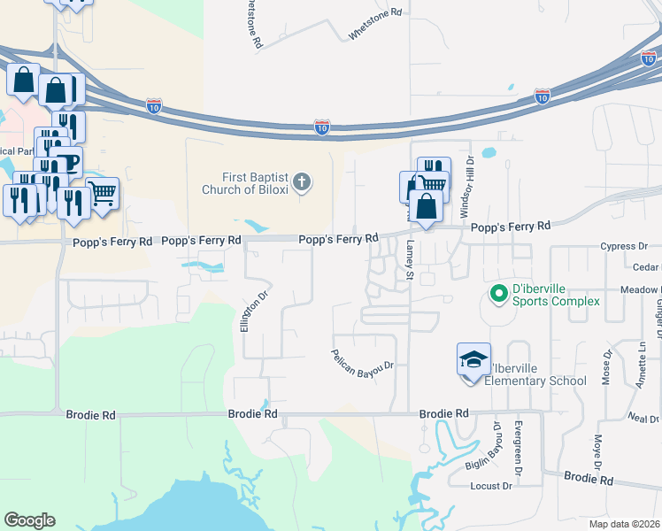map of restaurants, bars, coffee shops, grocery stores, and more near 1545 Popp's Ferry Road in Biloxi