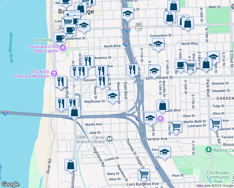 map of restaurants, bars, coffee shops, grocery stores, and more near 811 Mayflower Street in Baton Rouge