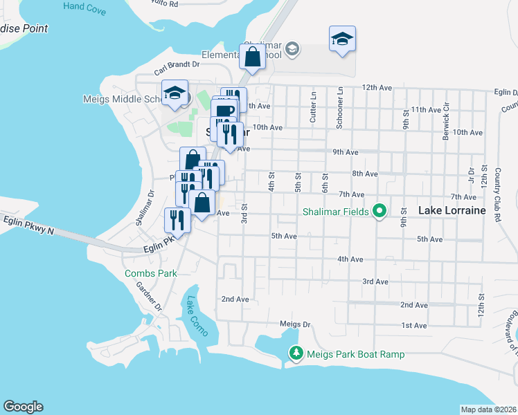 map of restaurants, bars, coffee shops, grocery stores, and more near 26 6th Avenue in Shalimar