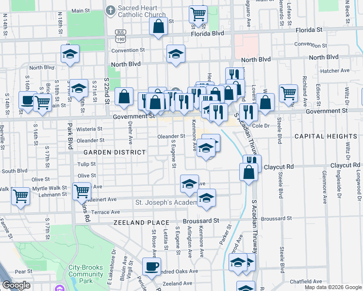 map of restaurants, bars, coffee shops, grocery stores, and more near 2830 McGrath Avenue in Baton Rouge