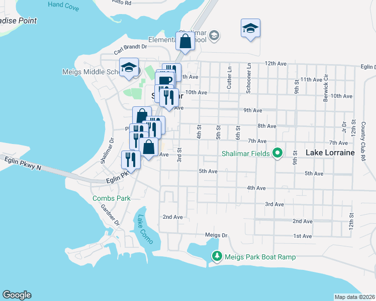 map of restaurants, bars, coffee shops, grocery stores, and more near 26 6th Avenue in Shalimar