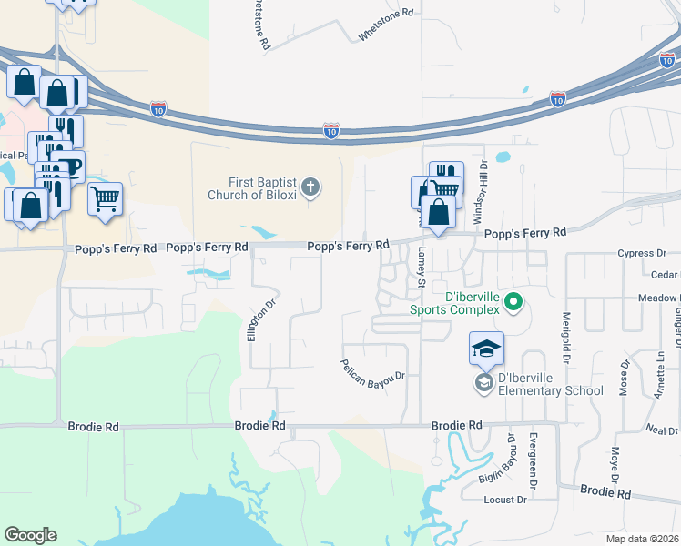 map of restaurants, bars, coffee shops, grocery stores, and more near 882 Brentwood Drive in Biloxi