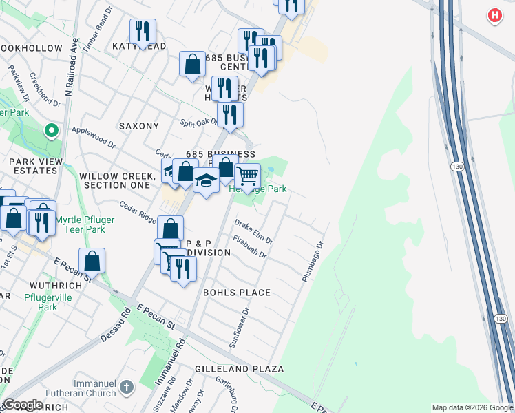 map of restaurants, bars, coffee shops, grocery stores, and more near 1204 Drake Elm Drive in Pflugerville