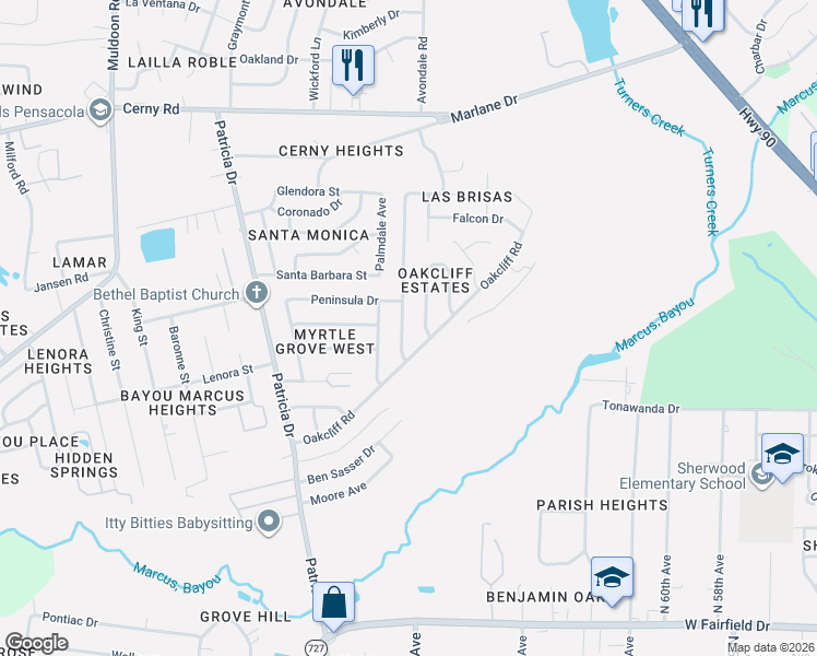 map of restaurants, bars, coffee shops, grocery stores, and more near 2960 Bent Oak Road in Pensacola