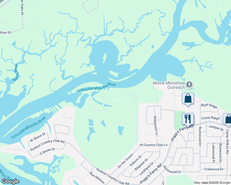 map of restaurants, bars, coffee shops, grocery stores, and more near 2335 North Country Club Lane in Biloxi